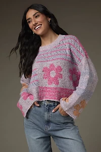 Carolina Mixed Pattern Fuzzy Pullover Sweater