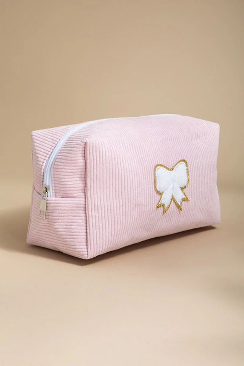 Bow Embellished Corduroy Cosmetic Bag