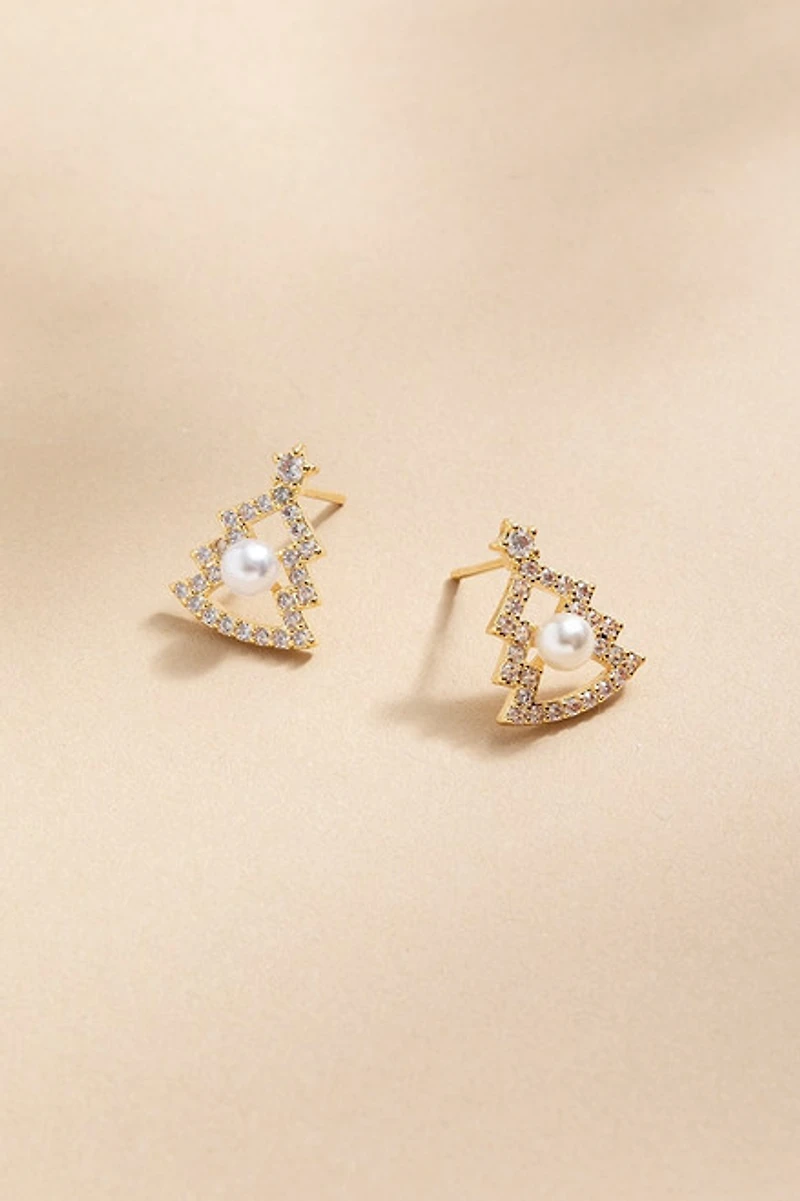 Christmas Tree Cubic Zirconia and Pearl Stud Earrings
