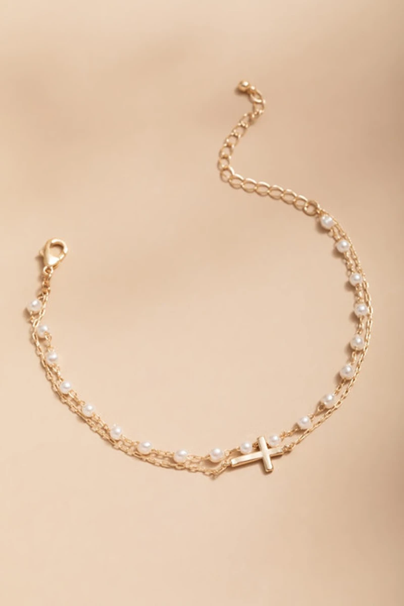 Naomi Pearl And Cross Layered Bracelet