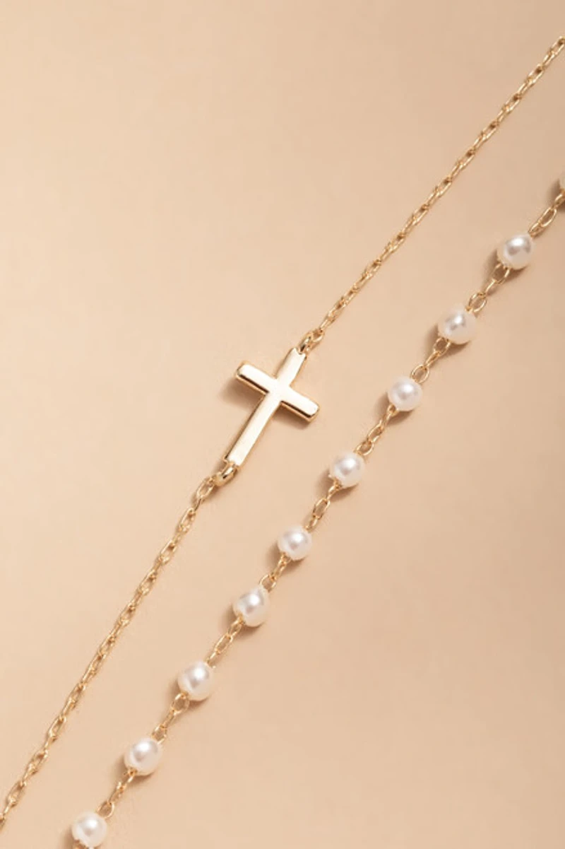 Naomi Pearl And Cross Layered Bracelet