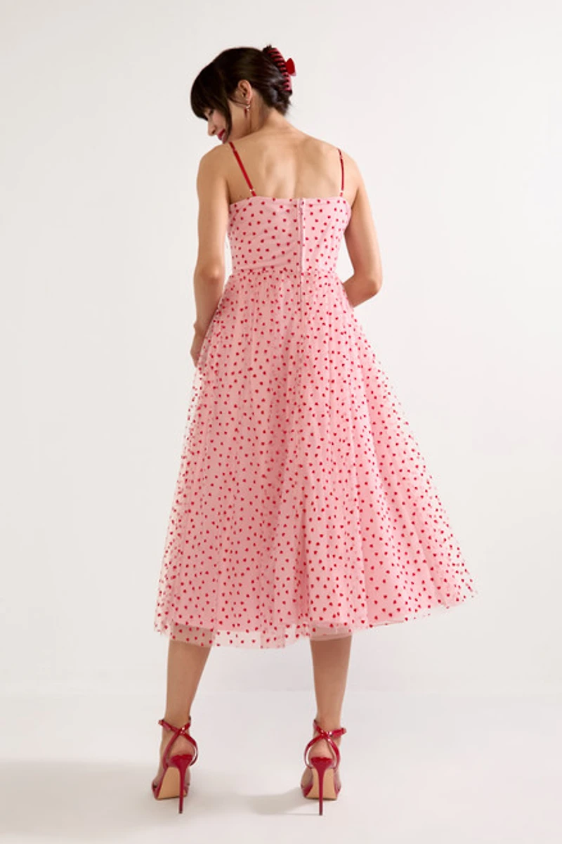 Anne Flocked Heart Tulle Midi Dress