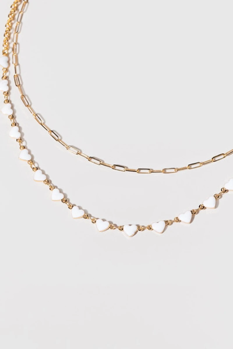 Janice White Heart Station Layered Gold Chain Necklace