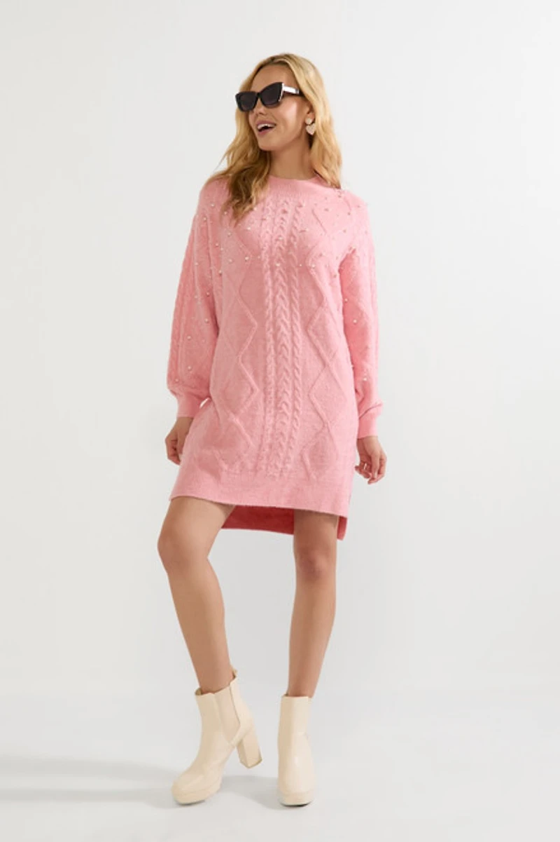 Elsa Pearl Embellished Cable Sweater Mini Dress
