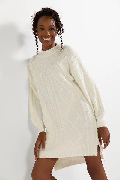 Elsa Pearl Embellished Cable Sweater Mini Dress