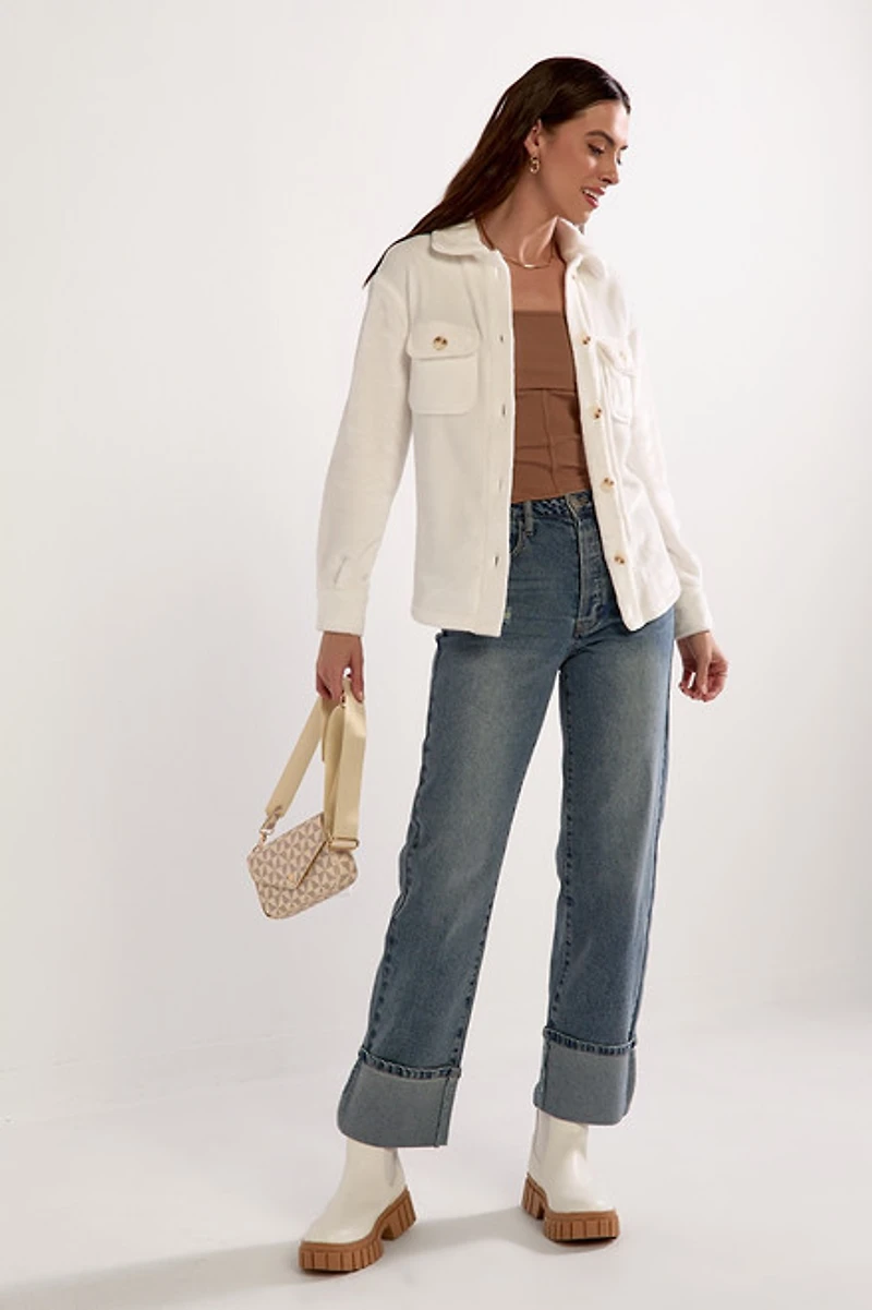 Natasha Solid Fleece Button Up Shacket