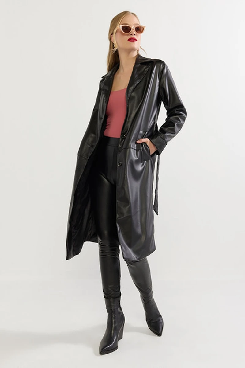 Lacy Long Faux Leather Trench Coat