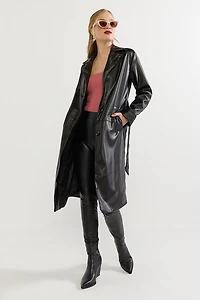 Lacy Long Faux Leather Trench Coat