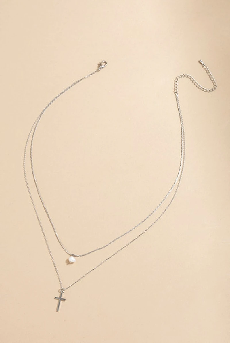 Briggite Pearl And Cross Pendant Layered Necklace