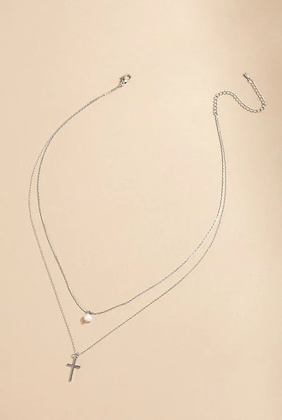 Briggite Pearl And Cross Pendant Layered Necklace
