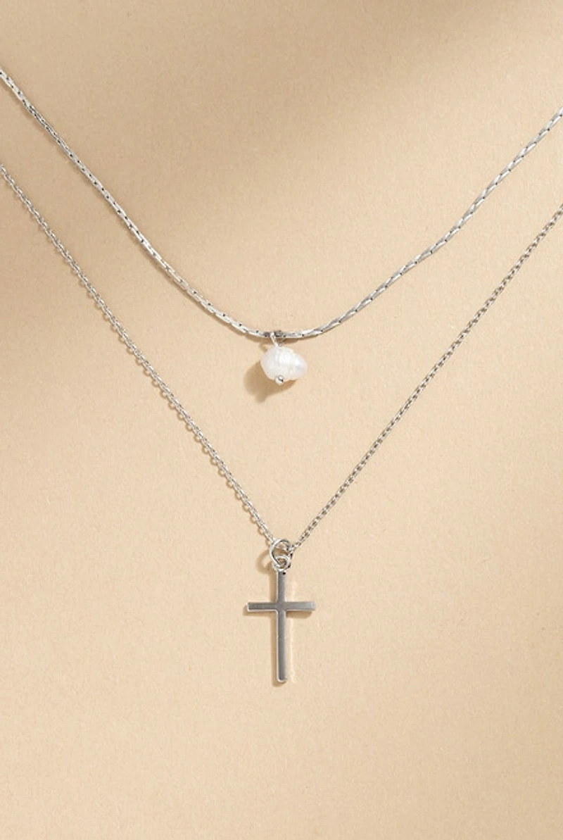 Briggite Pearl And Cross Pendant Layered Necklace