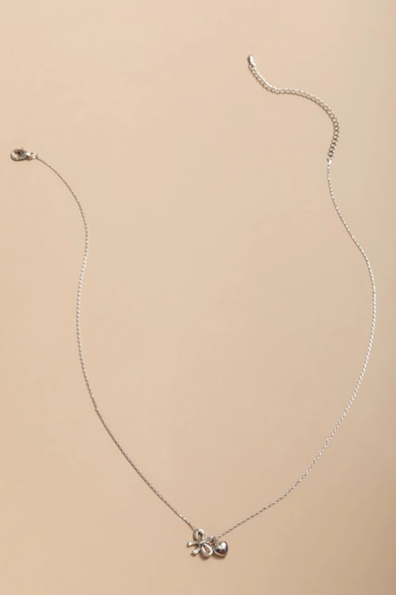Sally Bow And Heart Double Pendant Necklace