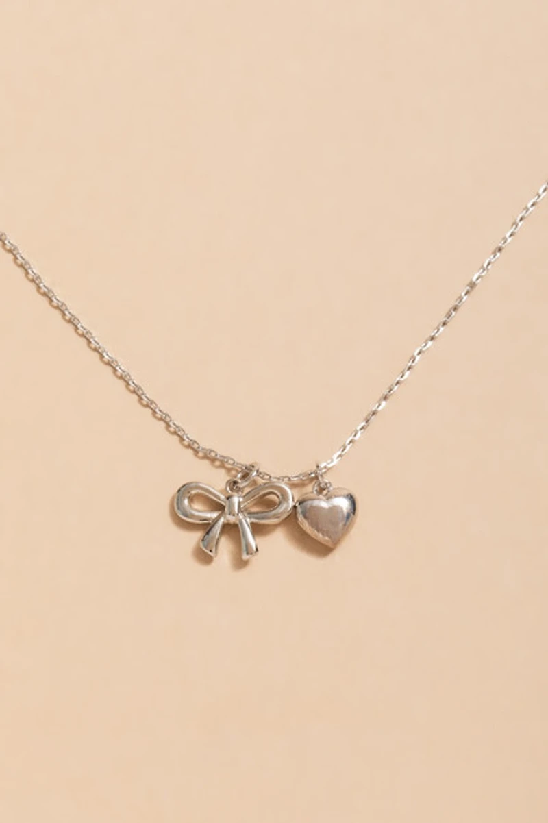 Sally Bow And Heart Double Pendant Necklace