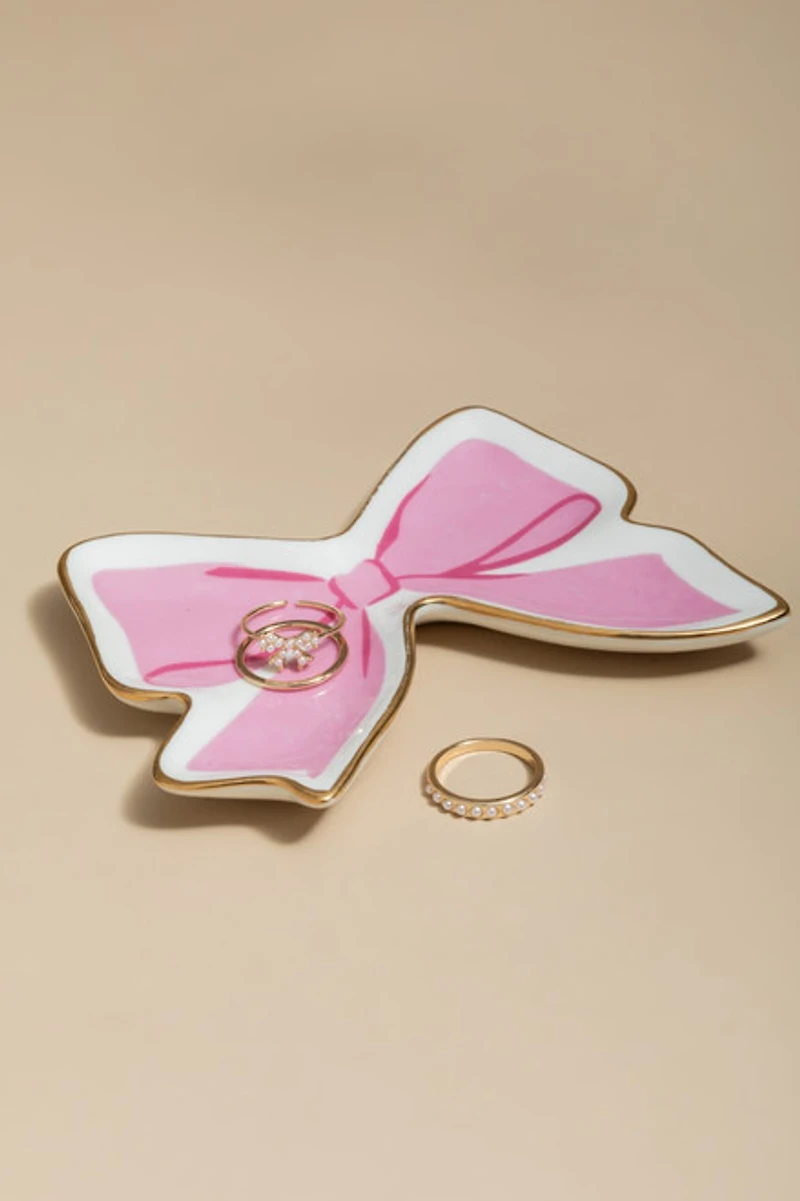 Pink Bow Shaped Gold Accent Trinket Tray