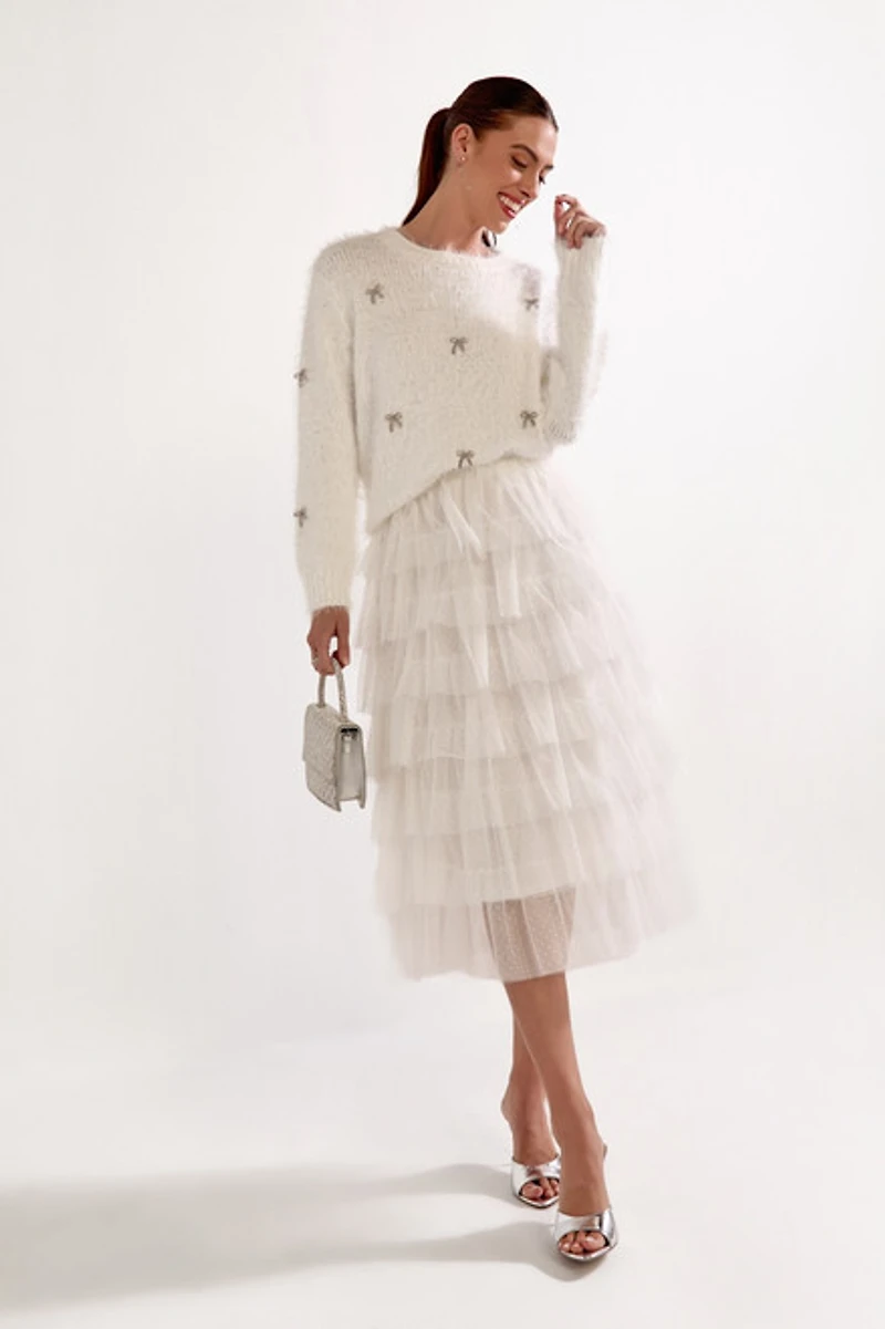 Ashley Bow Embellished Fuzzy Pullover Sweater