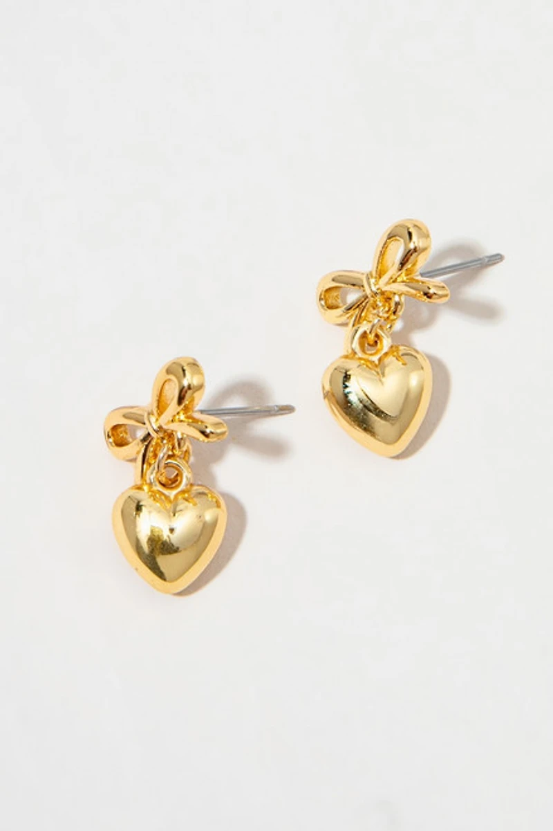 Katherine Golden Heart Charm On Bow Drop Earrings