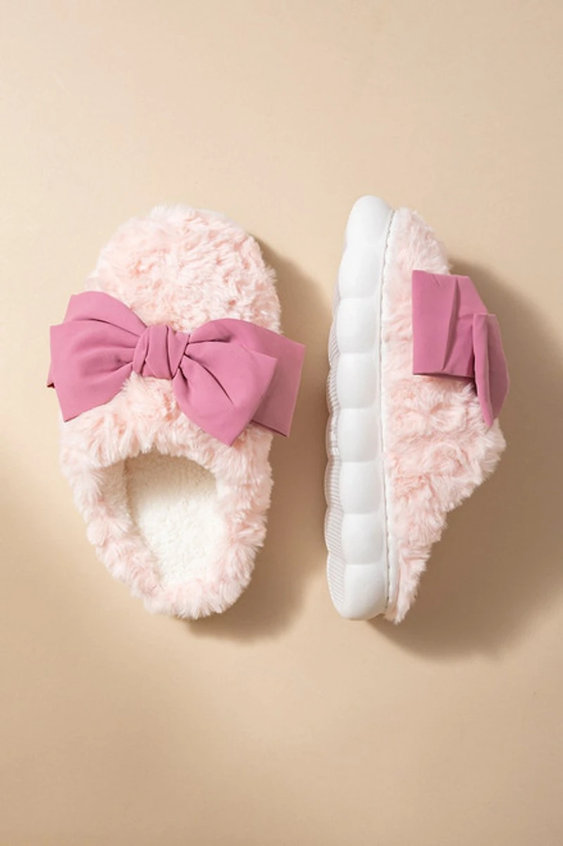 Sally Pink Bow Fuzzy Slippers