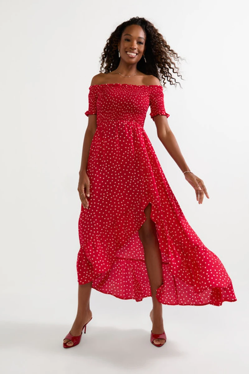 Perdita Off Shoulder Heart Print Maxi Dress