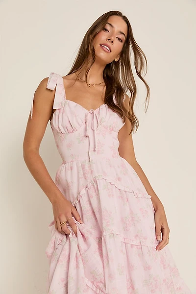 Ellena Tie Strap Ruffle Tiered Midi Dress