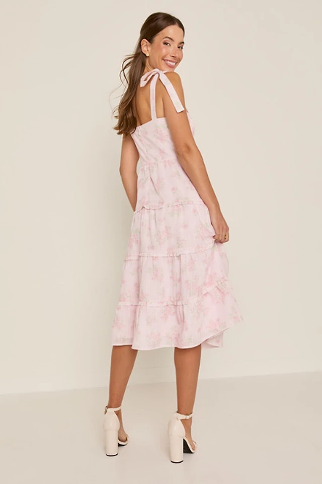 ellena tie strap ruffle tiered midi dress Francesca's Ellena Tie Strap Ruffle Tiered Midi Dress