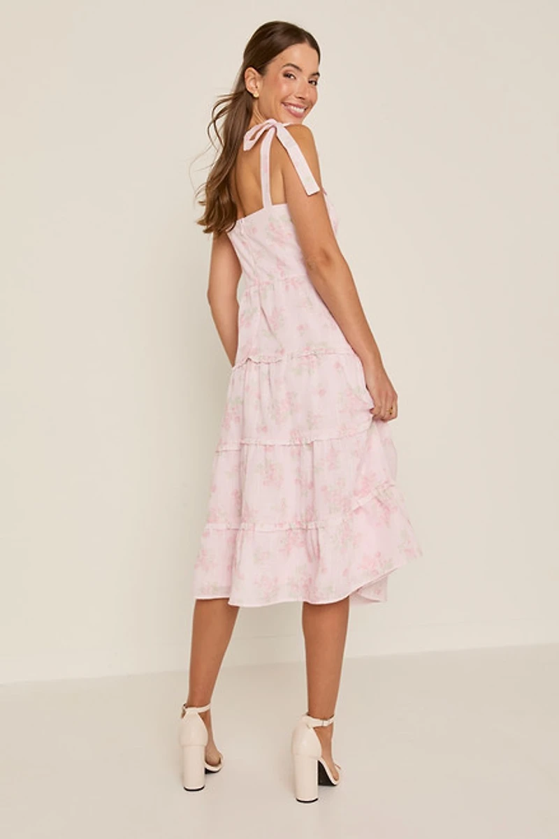 Ellena Tie Strap Ruffle Tiered Midi Dress