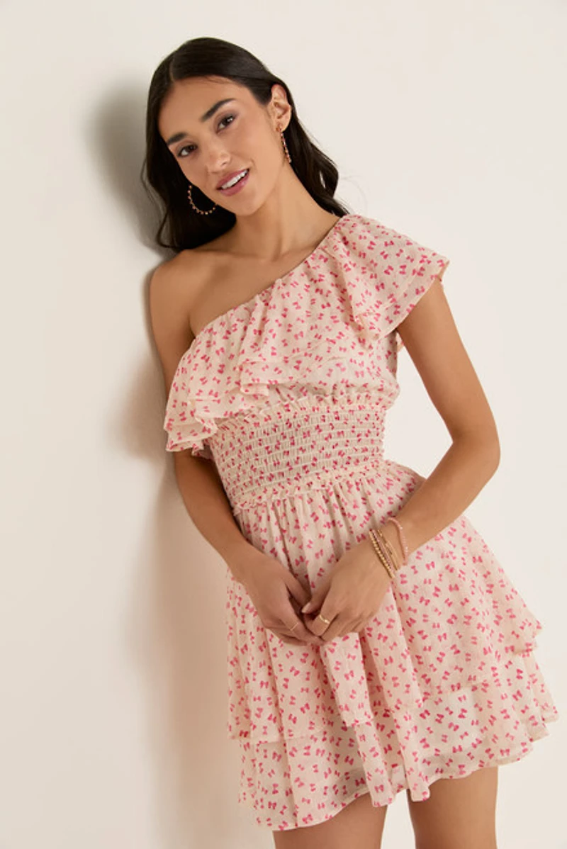 Katrina One Shoulder Ditsy Bow Mini Dress