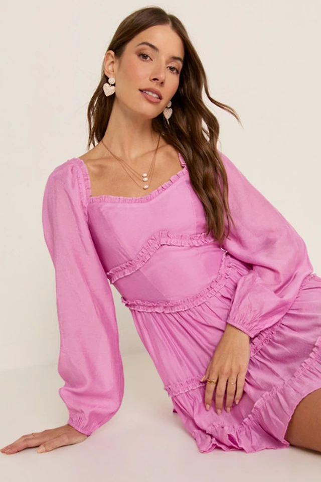 long-sleeve ruffle tiered mini dress Francesca's Vickie Long Sleeve Ruffle Tiered Mini Dress