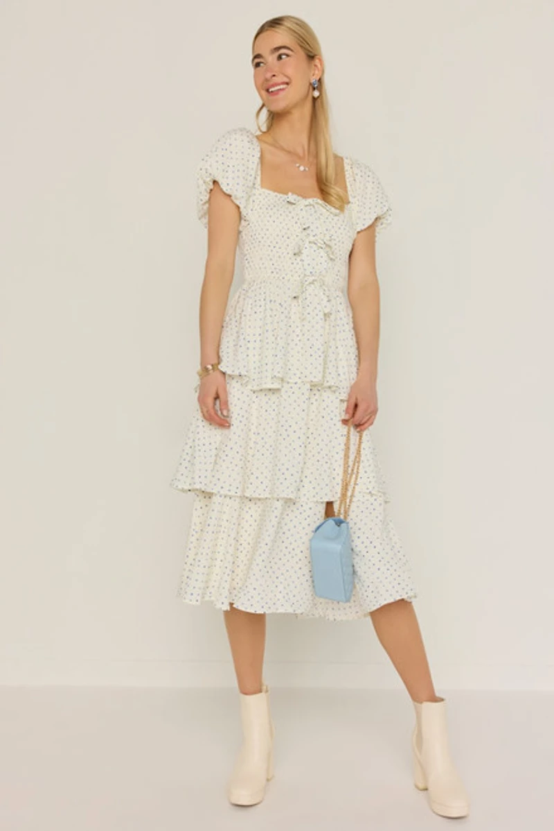 Sophie Bow Front Smock Tiered Midi Dress