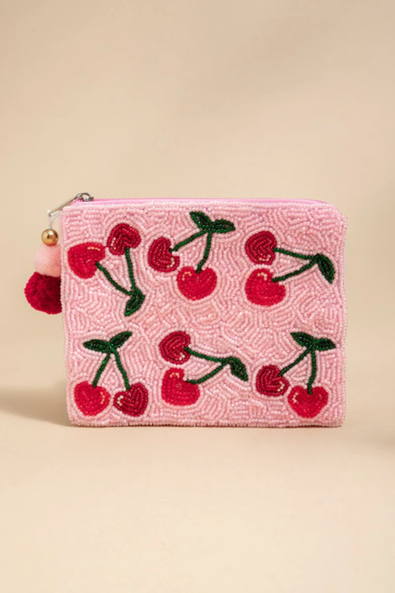 Ella Pink Cherry Beaded Pouch