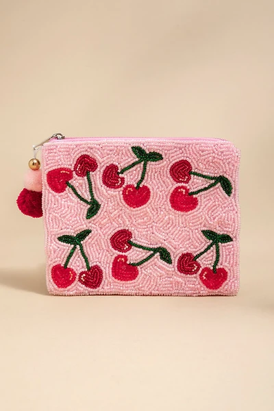 Ella Pink Cherry Beaded Pouch