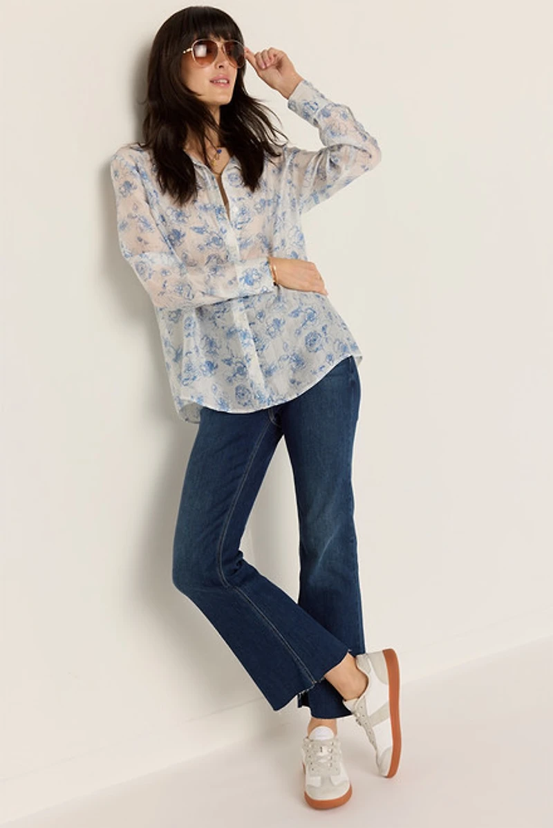 Cathy Postcard Print Button Down Top