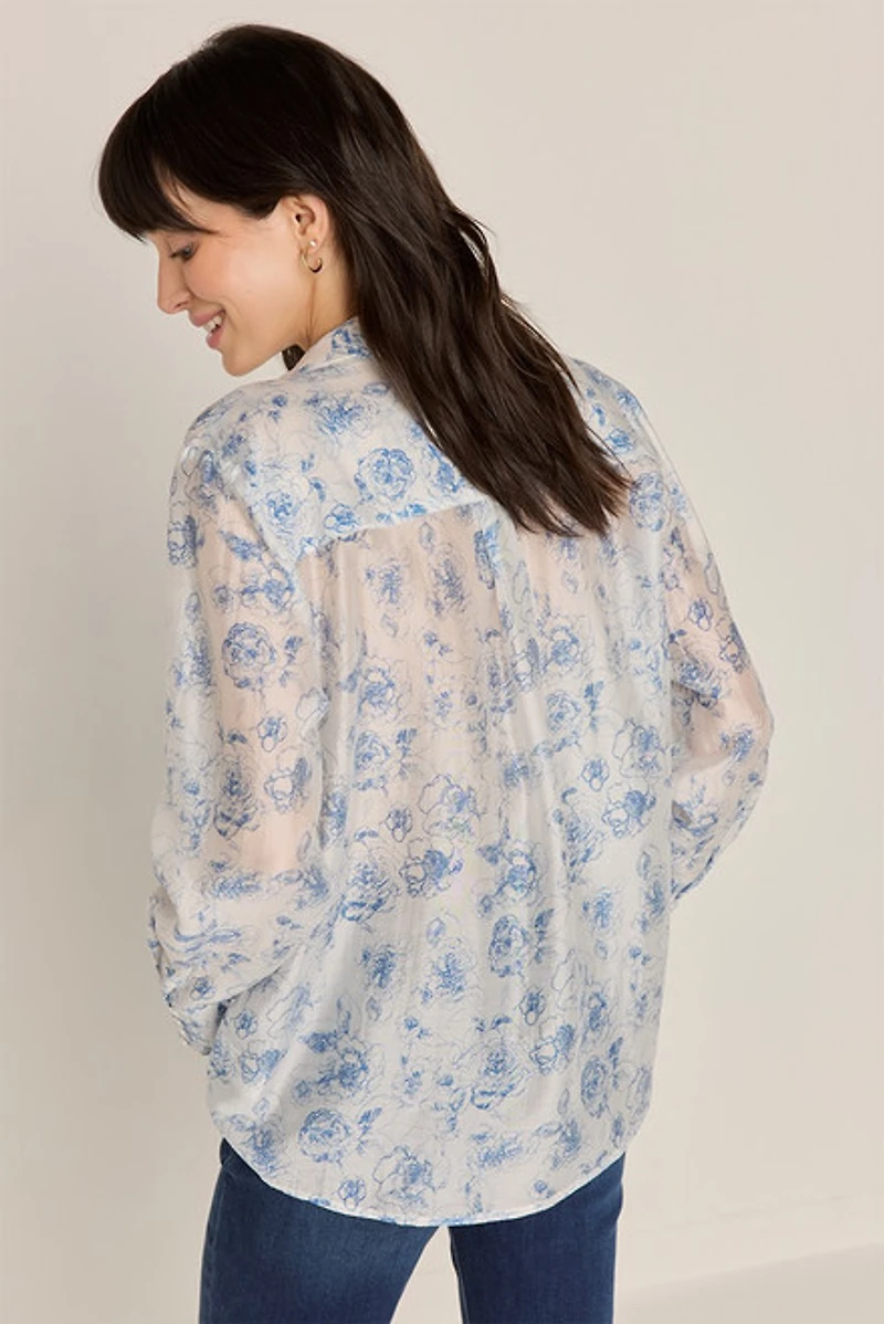 Cathy Postcard Print Button Down Top