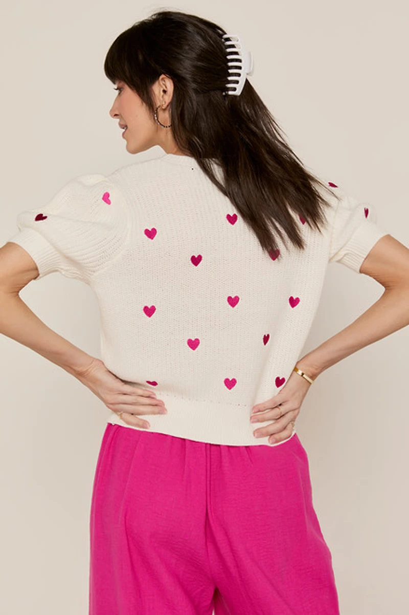Katherine Heart Embroidery Short Sleeve Sweater Top