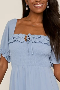 Miriam Smocked Upper Ruffle Trim Midi Dress