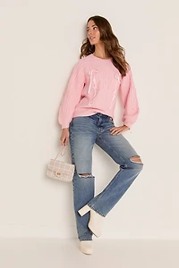 Holly Ribbon Front Cable Pullover Sweater