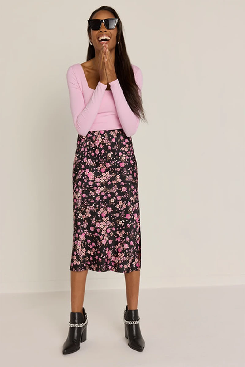 Jacqueline Floral Satin Fitted Midi Skirt
