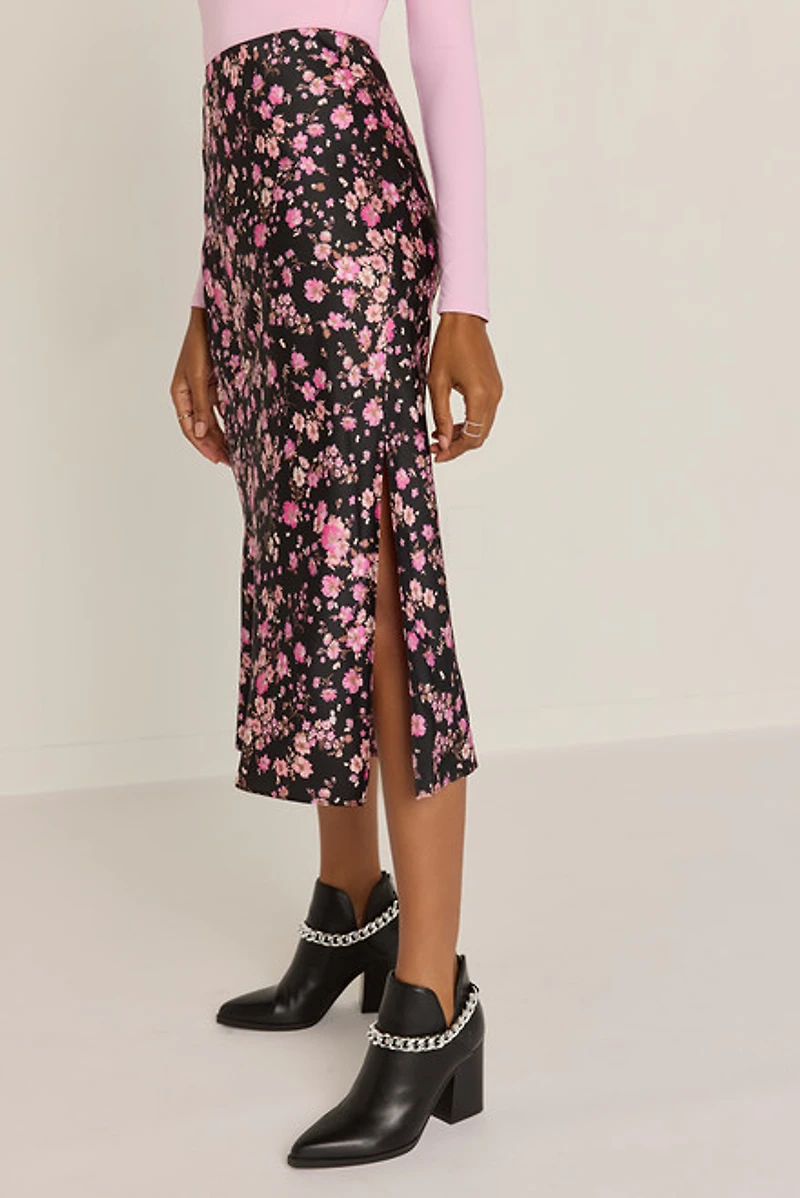 Jacqueline Floral Satin Fitted Midi Skirt