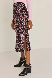 Jacqueline Floral Satin Fitted Midi Skirt