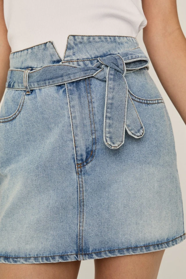 ae collared puff sleeve tie front denim mini dress AE Collared Puff Sleeve Tie Front Denim Mini Dress