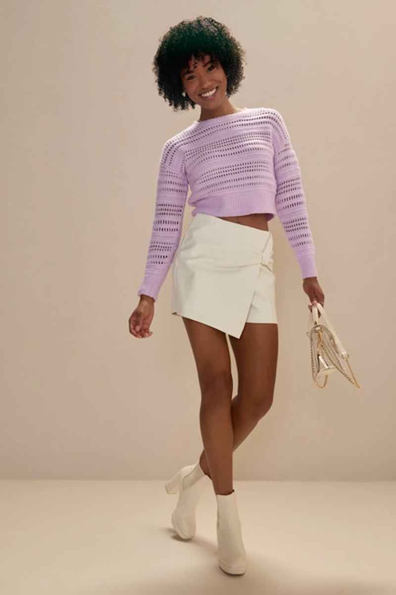 Clarissa Crewneck Pointelle Crop Pullover Lavender
