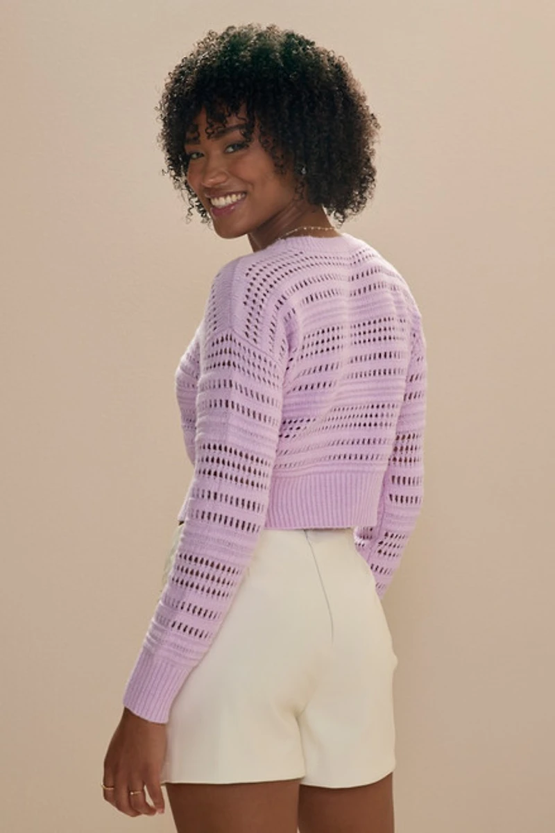 Clarissa Crewneck Pointelle Crop Pullover Lavender
