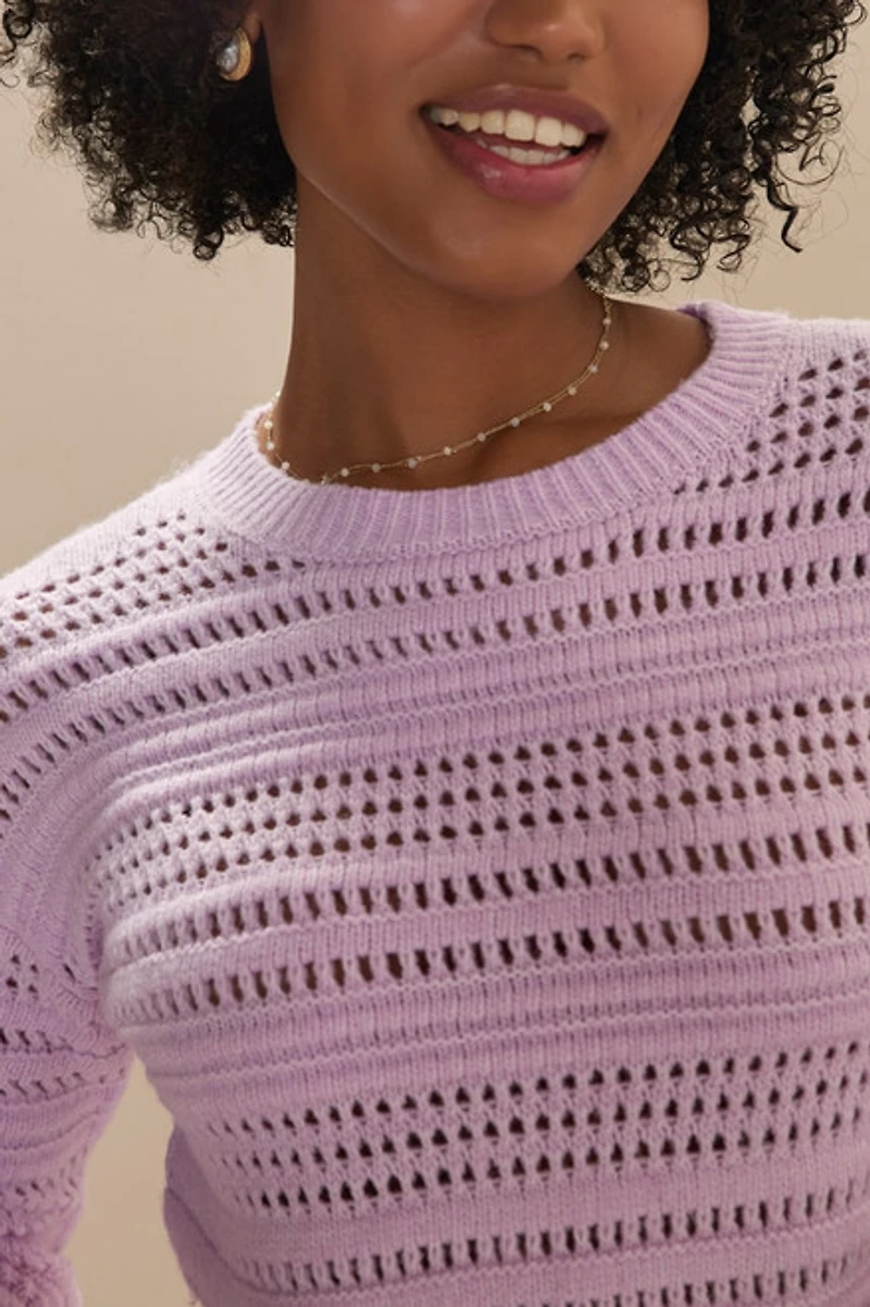 Clarissa Crewneck Pointelle Crop Pullover Lavender