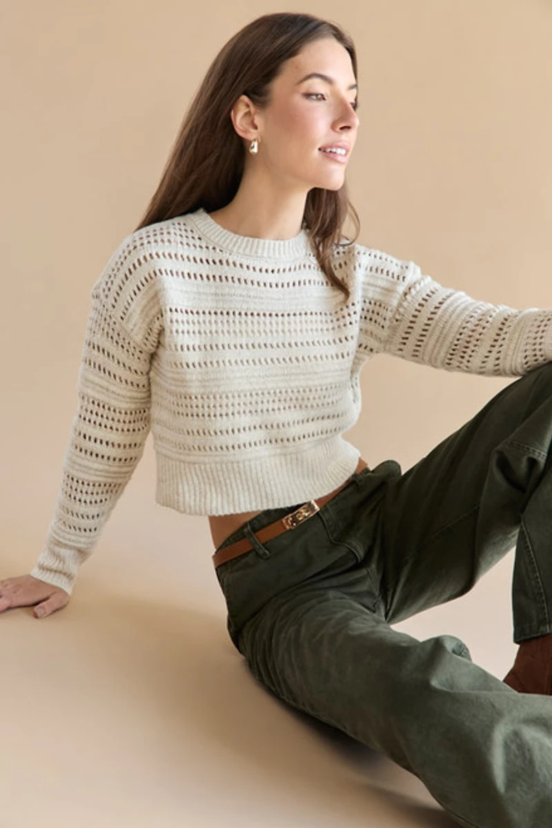 Clarissa Crewneck Pointelle Crop Pullover Ivory