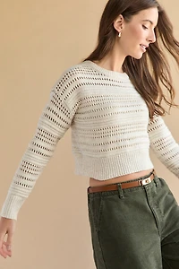 Clarissa Crewneck Pointelle Crop Pullover Ivory