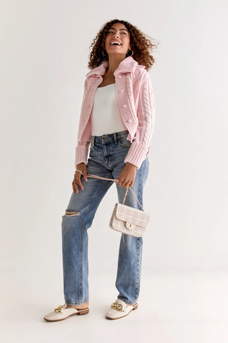 Estela Cable Faux Fur Collar Cardigan Blush