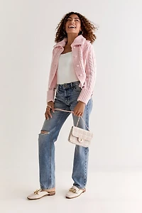 Estela Cable Faux Fur Collar Cardigan Blush