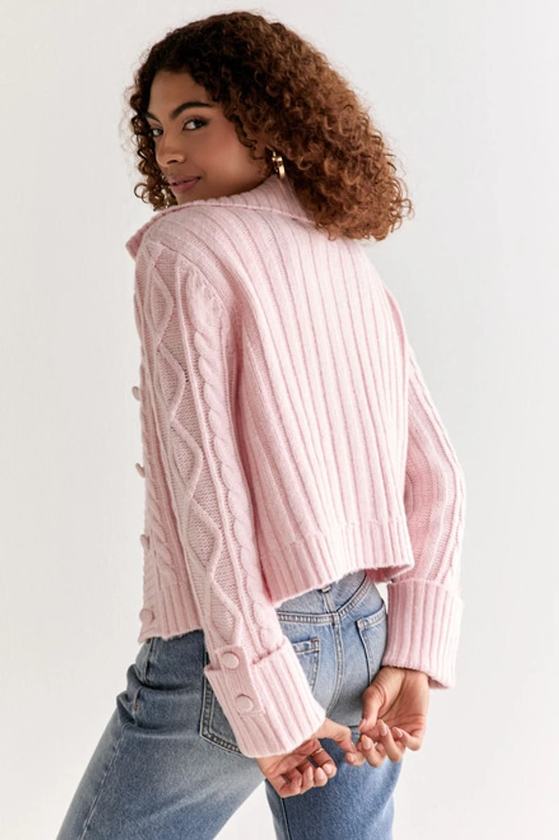 Estela Cable Faux Fur Collar Cardigan Blush