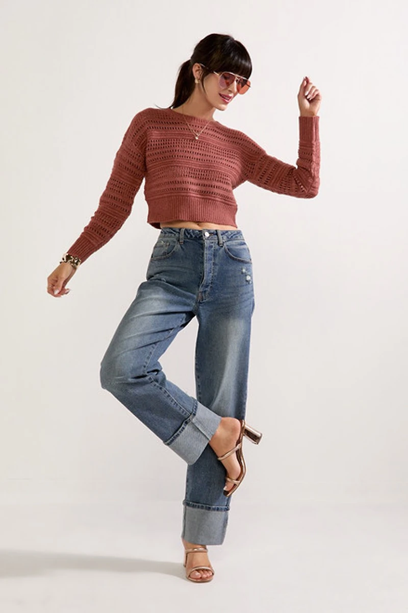 Clarissa Crewneck Pointelle Crop Pullover Rust