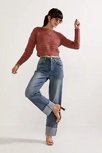 Clarissa Crewneck Pointelle Crop Pullover Rust
