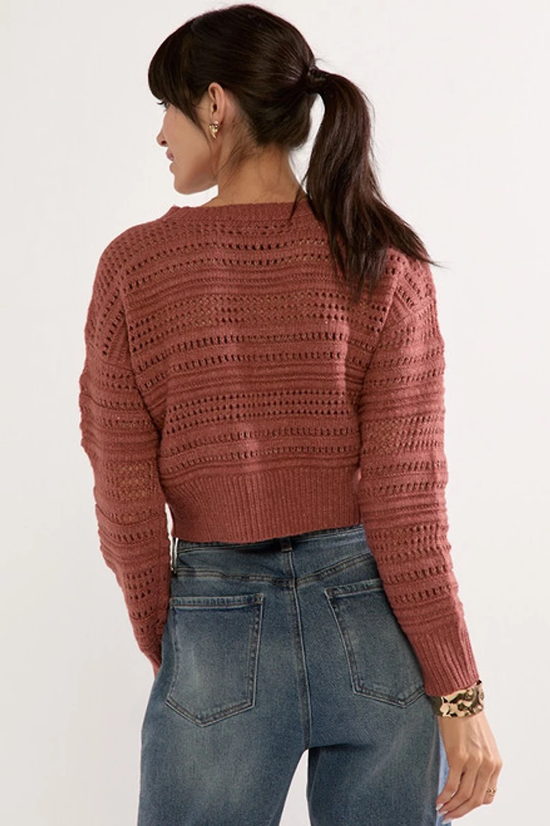 Clarissa Crewneck Pointelle Crop Pullover Rust